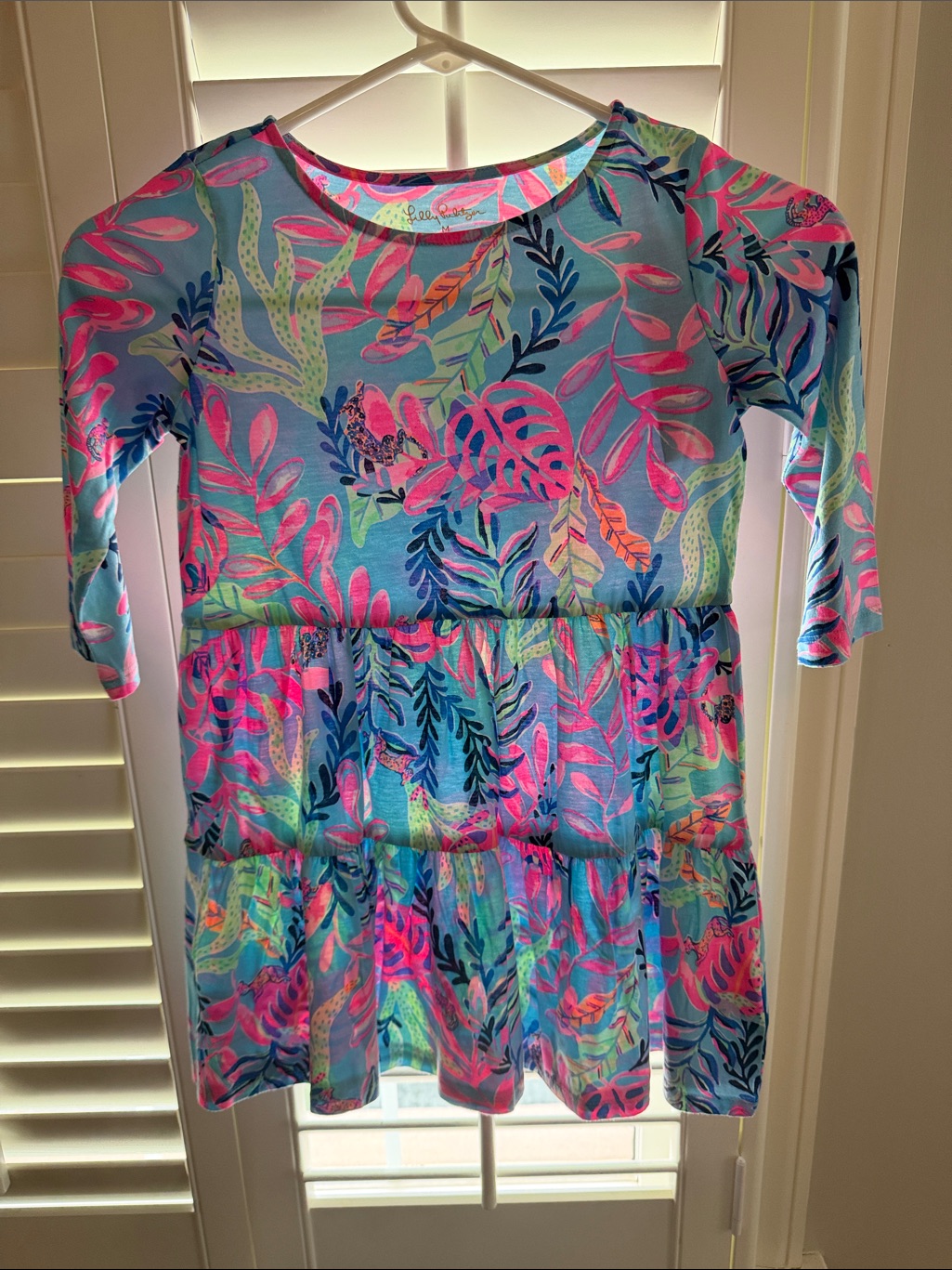 Lilly Pulitzer Girls Blue Pink Tropical Leaf Tiered Dress